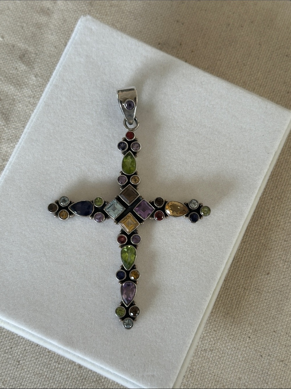 Multicolor Gemstone Cross Pendant - Sterling Silver